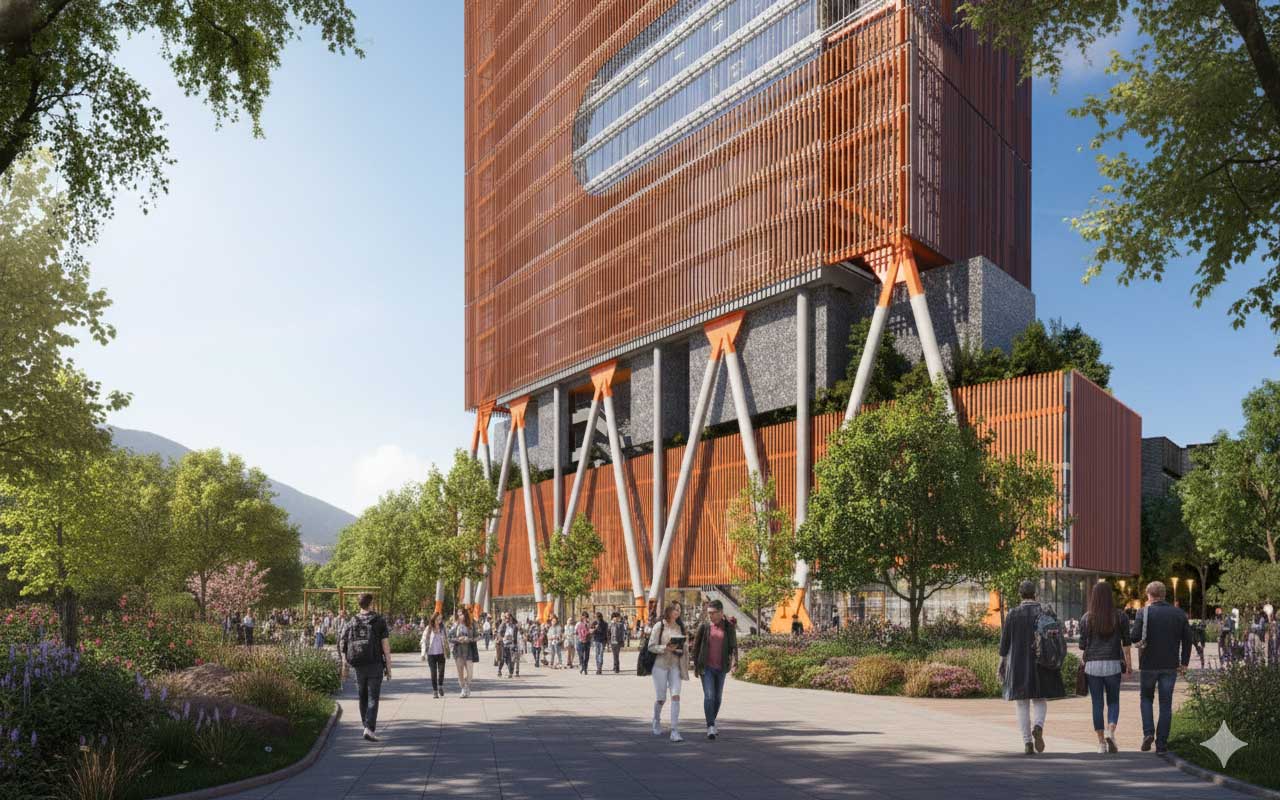 Render de la base de la torre y el parque con peatones.