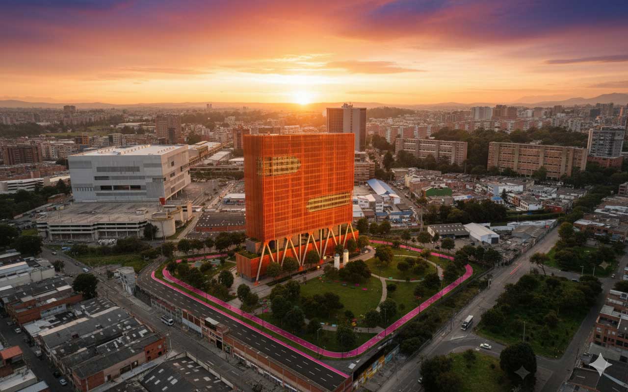 Render aéreo de la torre del Campus 2600 al atardecer.