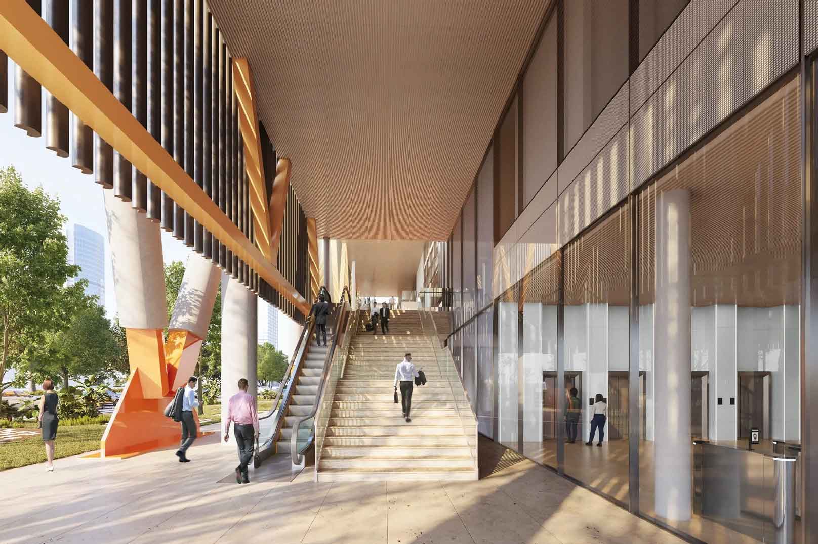 Render del acceso peatonal con escalera y escalera eléctrica.