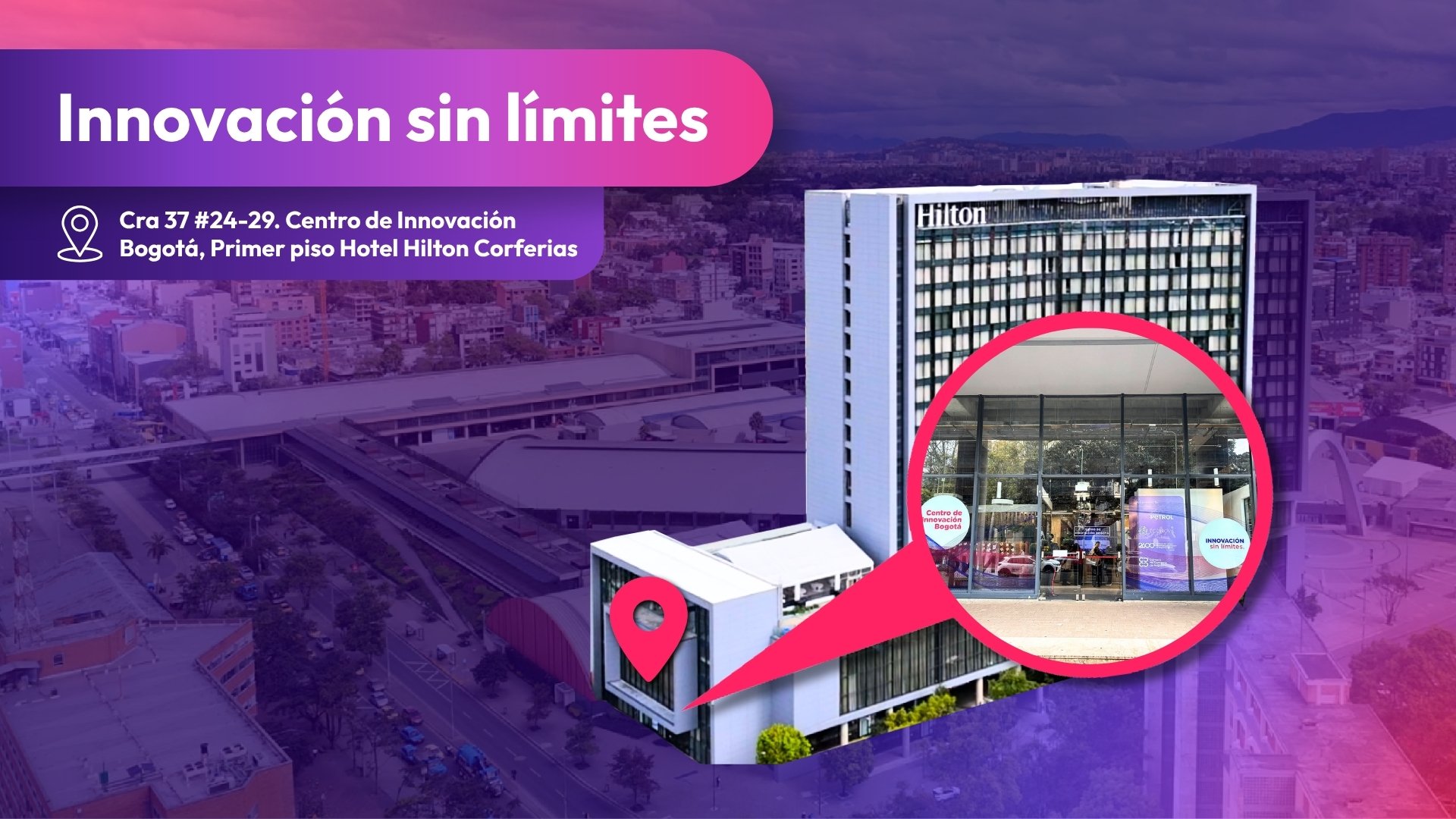 Ubicación del Centro de Innovación Bogotá: Carrera 37 # 24-29, primer piso del Hotel Hilton Corferias